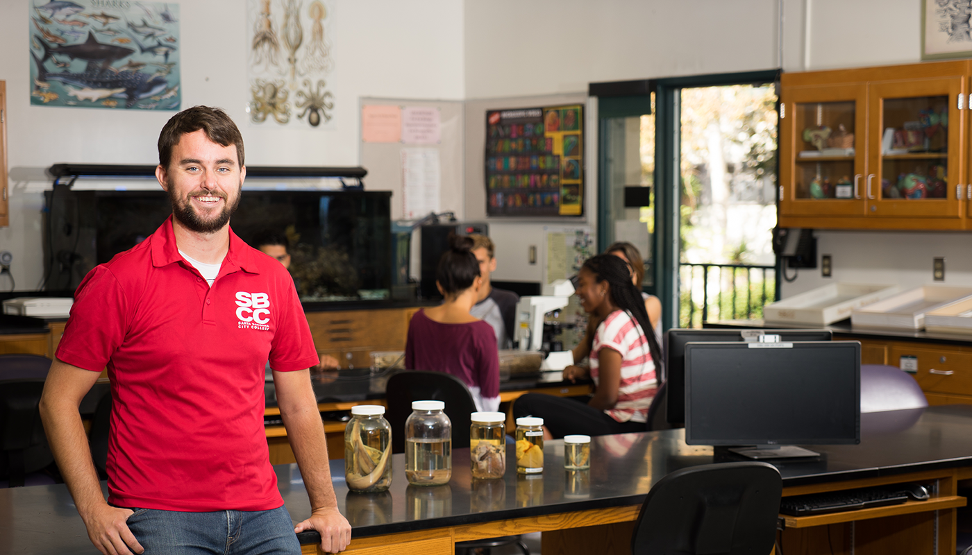 Biology student in a biology classroom at Santa Barbara City College.